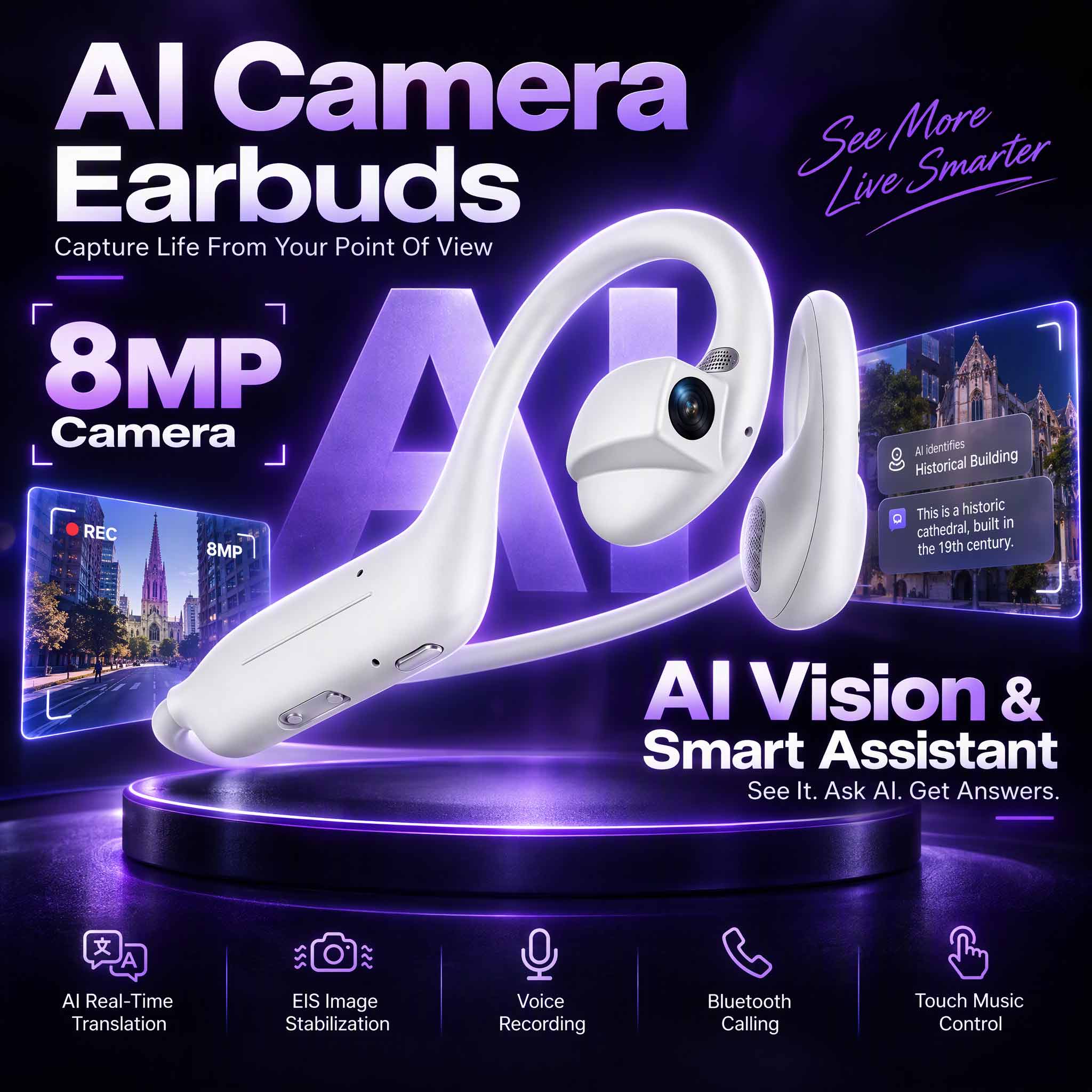 Earphones - 최신 인공지능 스마트 카메라 이어폰: 8MP